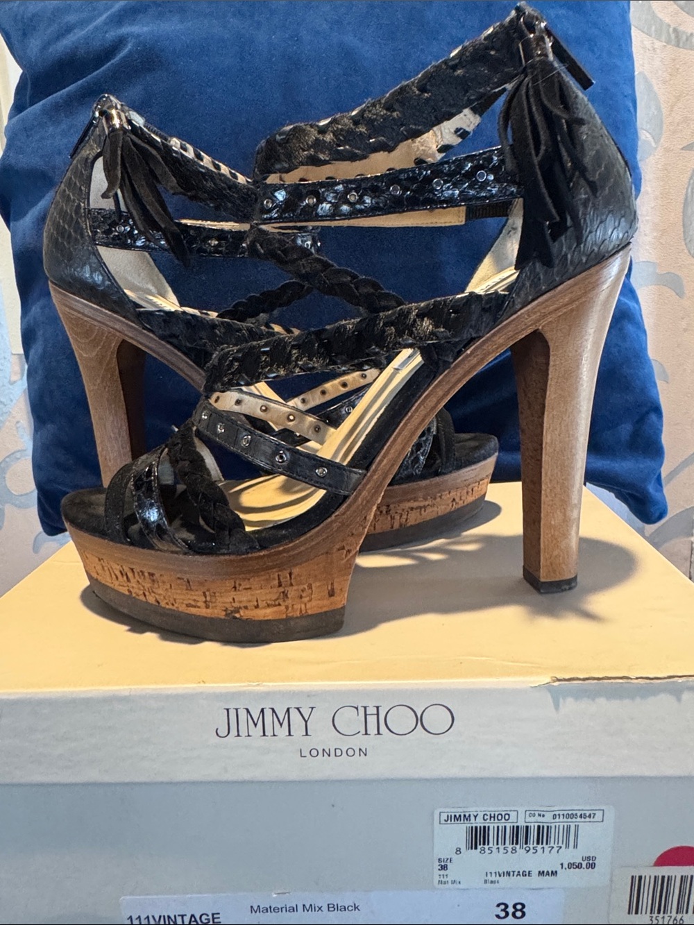 Jimmy Choo snakeskin leather platform sandals w/ braided straps & fringe details